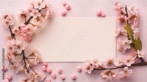 pink cherry blossom border, blank space for photo frame, Generative ai