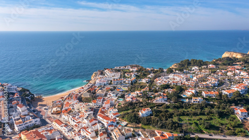 Aerial view of portuguese tourist village Carvoeiro Portugal Algarve in summer on a sunny day.