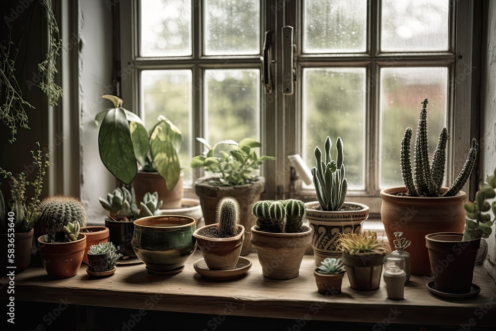 Succulent, cactus, fern, and various plants and flowers in clay pots on windowsill. Contemporary Scandinavian interiors. Generative AI