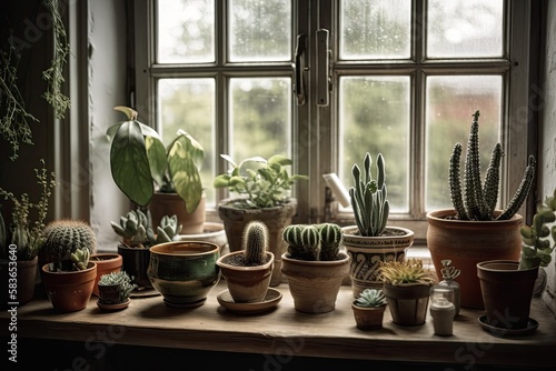 Succulent, cactus, fern, and various plants and flowers in clay pots on windowsill. Contemporary Scandinavian interiors. Generative AI