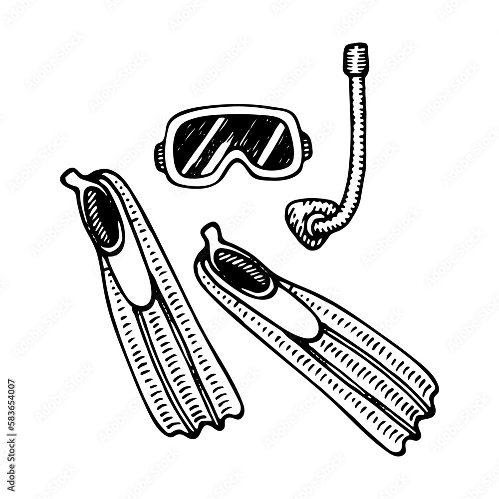 Snorkeling sketch. Diver mask, snorkel, fins. Immersion under water. Summer sea vacation. Hand drawn vector line art illustration. Snorkeling sketch. Diver mask, snorkel, fins. Immersion under water. Summer sea vacation. Hand drawn vector line art illustration.