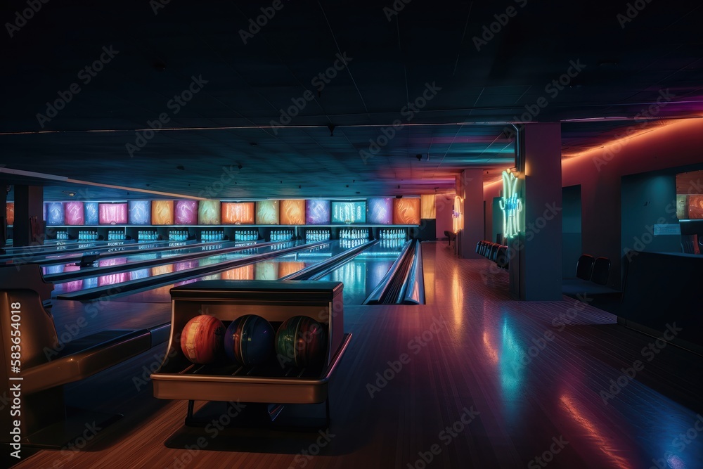 Bowling alley neon lights. AI generated