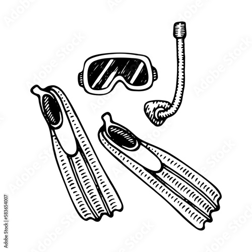 Snorkeling sketch. Diver mask, snorkel, fins. Immersion under water. Summer sea vacation. Hand drawn vector line art illustration.