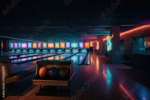 Bowling alley neon lights. AI generated photo