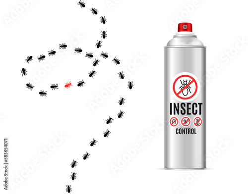 Black Ant Road Trail and Realistic Detailed 3d Mosquito Insect Repellent Bottle. Vector illustration of Insecticide Spray Aerosol