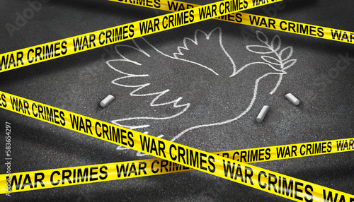 War Crimes Concept and international criminal court concept as global laws of war and criminal scene of the crime with a dove chalk drawing photo