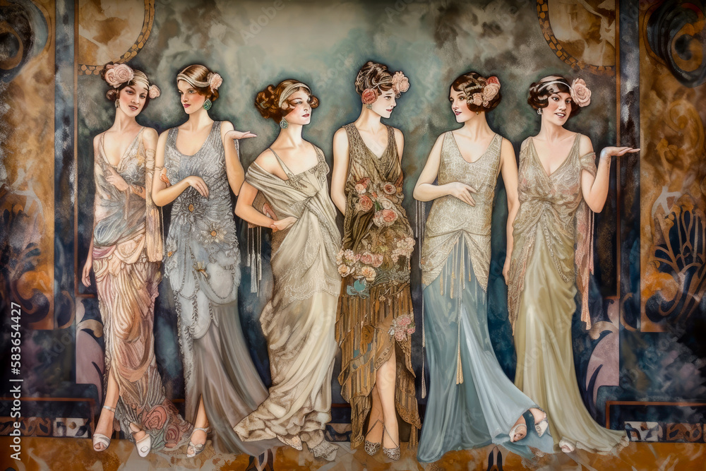 AI generated vintage poster artwork of a group of young women dressed in 1920s art deco, Gatsby style, outfits. AI generated content, no recognizable person