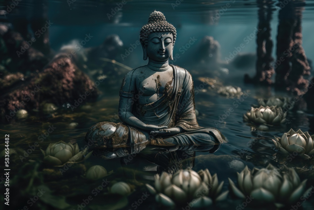 Buddha statue in the water with lotuses. AI generated