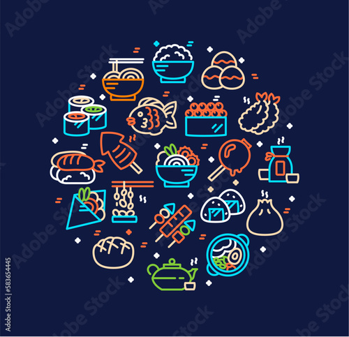 Japan Food Sign Round Design Template Thin Line Icon Banner Banner for Promotion, Marketing and Advertising. Vector illustration