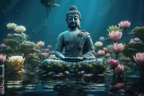 Buddha statue in the water with lotuses. AI generated