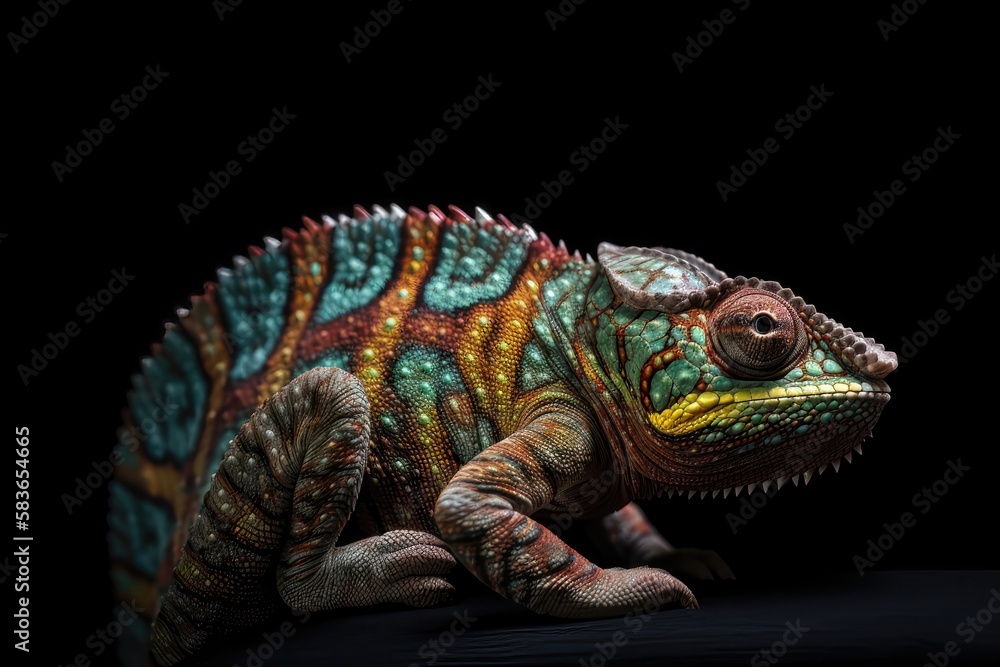 Obraz premium A curled up tail of a yemen chameleon isolated on a black background. AI generated