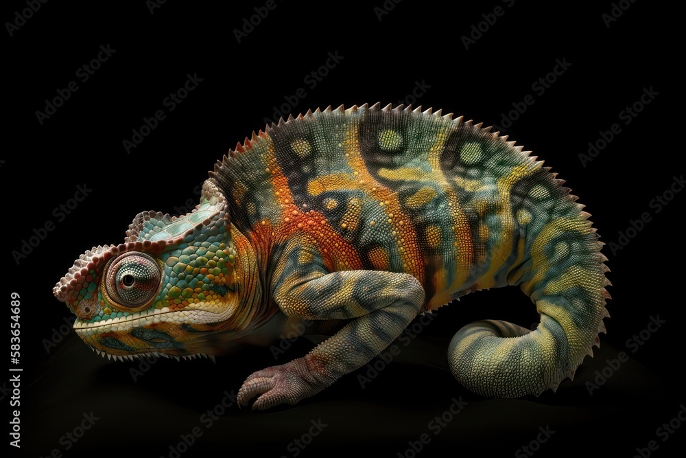 Fototapeta premium A curled up tail of a yemen chameleon isolated on a black background. AI generated