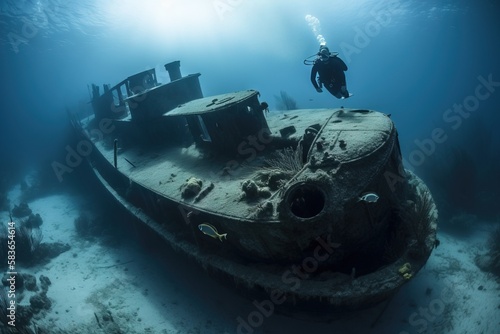 Photo a scuba diver swims over a sunken ship in the ocean waters of the mediterranean sea, near the coast of turkey, on a sunny day