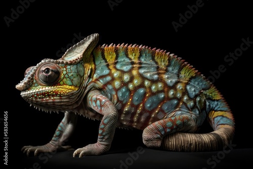 A curled up tail of a yemen chameleon isolated on a black background. AI generated
