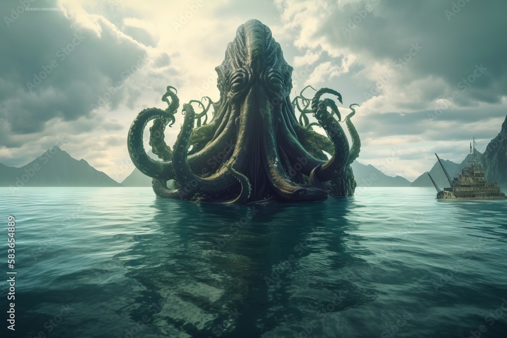 a giant octopus sitting on top of a boat in the ocean with a pirate ...