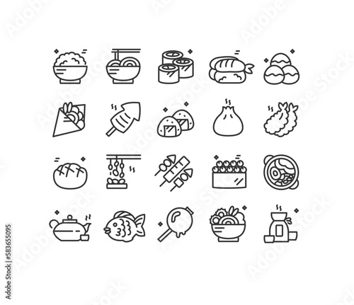 Japan Food Sign Black Thin Line Icon Set Include of Noodle, Sake and Tempura. Vector illustration of Icons