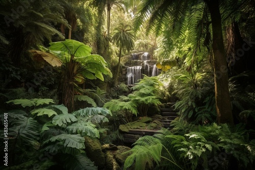 A lush jungle garden with towering ferns  vines  and cascading waterfalls. Generative AI