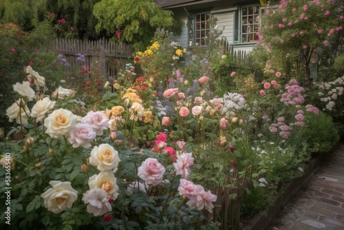 A cozy cottage garden filled with rambling roses, hollyhocks, and other romantic flowers. Generative AI