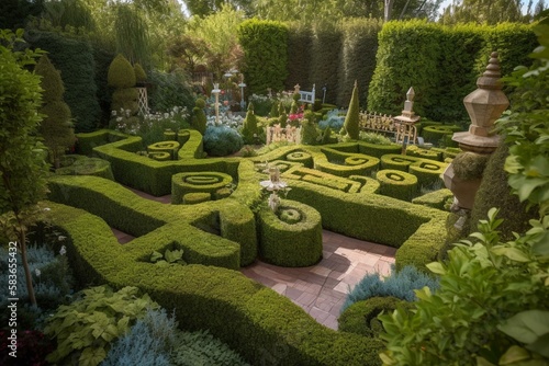 A whimsical Alice in Wonderland-inspired garden with oversized teacups, a hedge maze, and topiary animals. Generative AI photo
