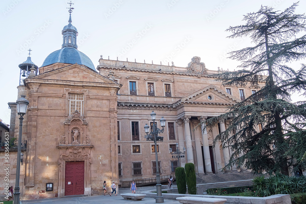 Saint Sebastian church and Anaya Palace, actually university building (Salamanca, Spain)