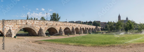 Roman bridge over the Tormes river and in the background the cathedral of Salamanca (Spain)