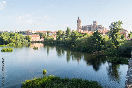 Tormes river and Cathedral of the city of Salamanca in Spain