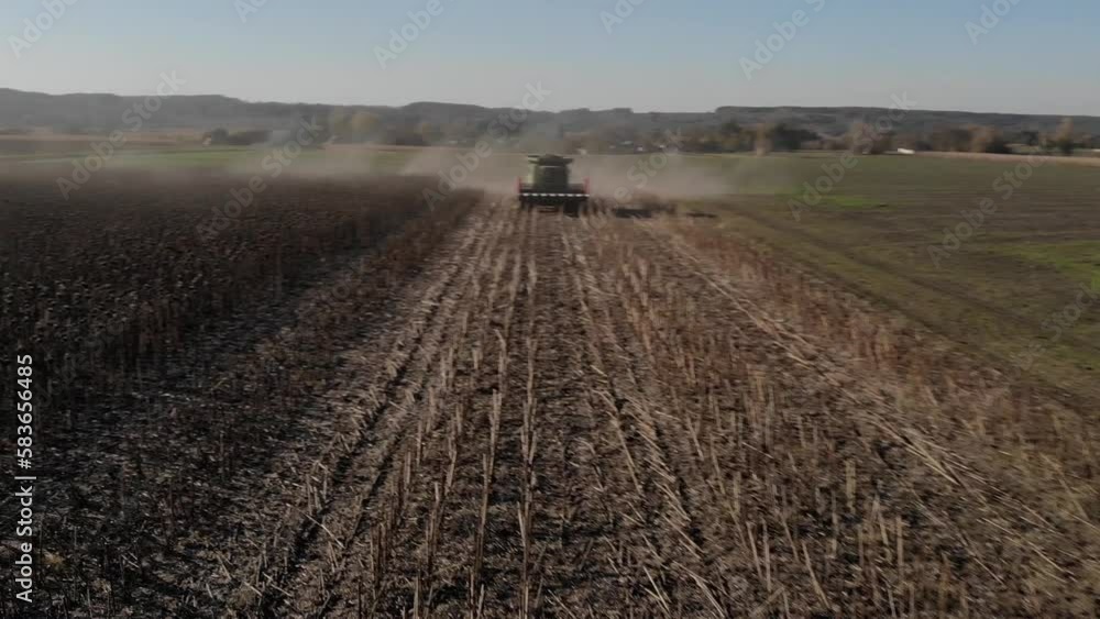 Sunflower harvest with green combine and tractor on ukrainian field during the war with Russia in 2022 Sunflower harvest with green combine and tractor on ukrainian field during the war with Russia in 2022