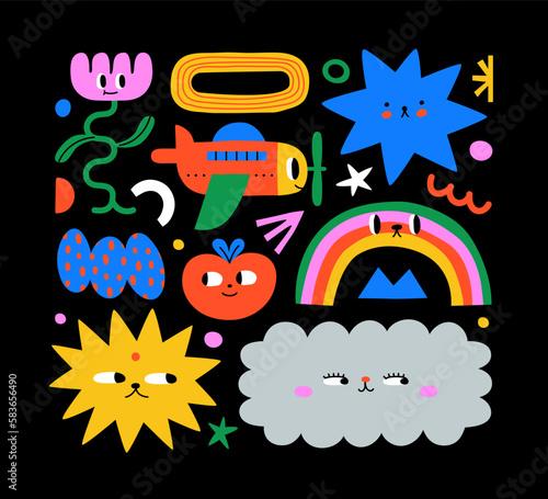 Set of colorful abstract shape kid cartoon character illustration. Trendy 90s style funny children art collection with cute faces and drawing doodle. 
