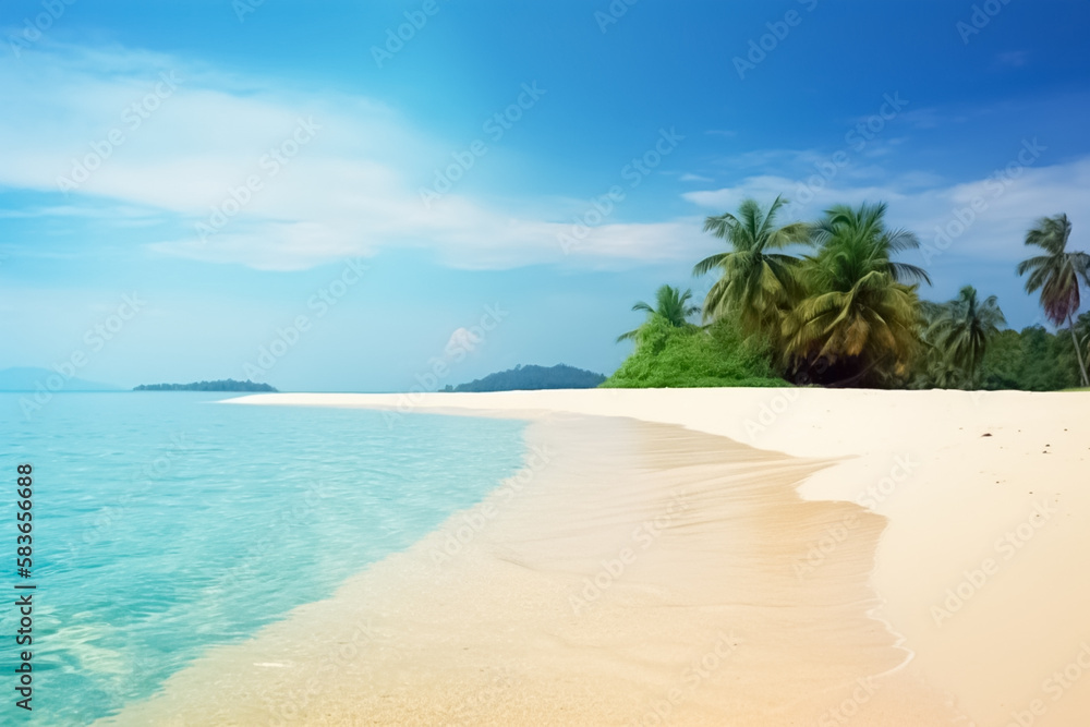 Tropical beach. Beautiful tropical island with palm trees and beach as background image. generative ai