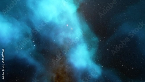 Flying Through The Stars And Blue Nebula In Space. Galaxy exploration through outer space towards glowing milky way galaxy
