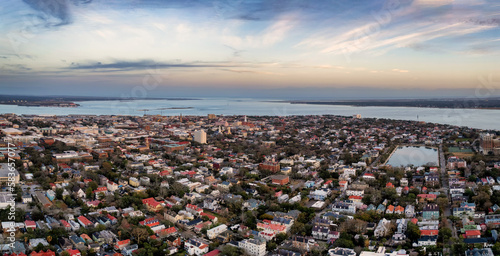Panorama aerial view of sunset over Charleston, South Carolina and James Island