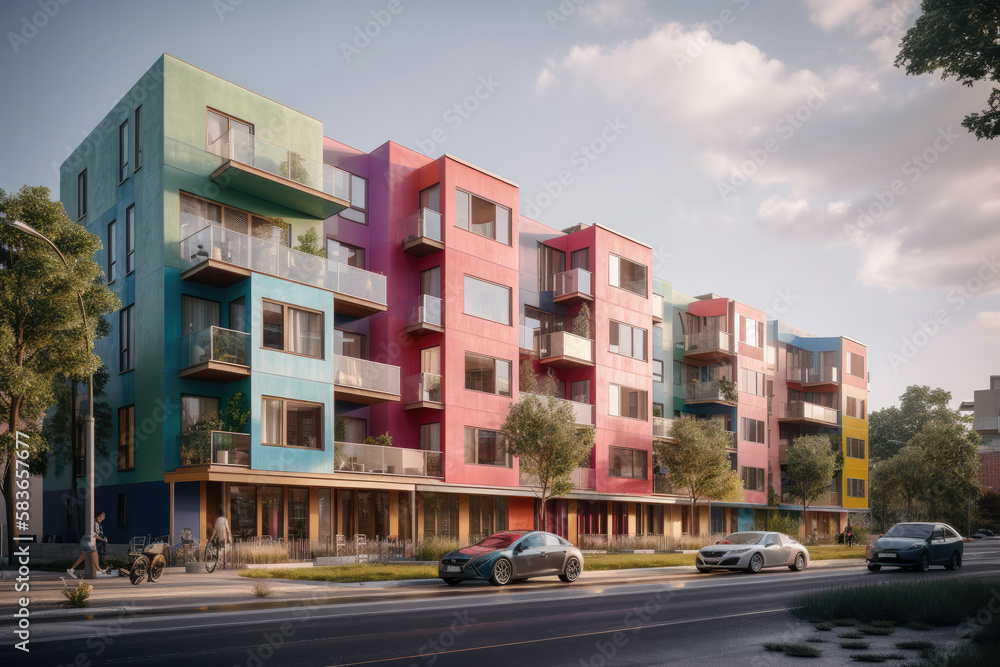 colorful apartment houses in the city created with Generative AI technology