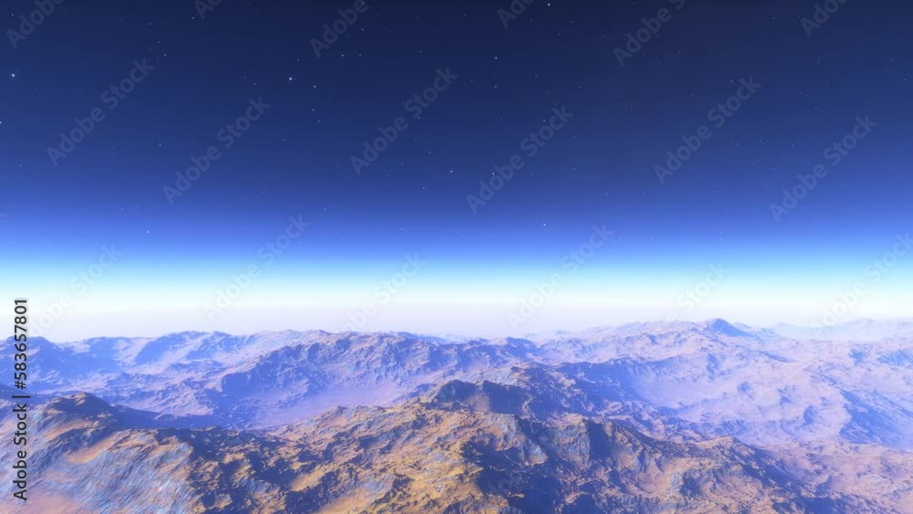 Mars landscape, 3d render animation of imaginary mars planet terrain and planets and starfield in a background. Science fiction animation.
Mars landscape, 3d render animation of imaginary mars planet terrain and planets and starfield in a background. Science fiction animation.