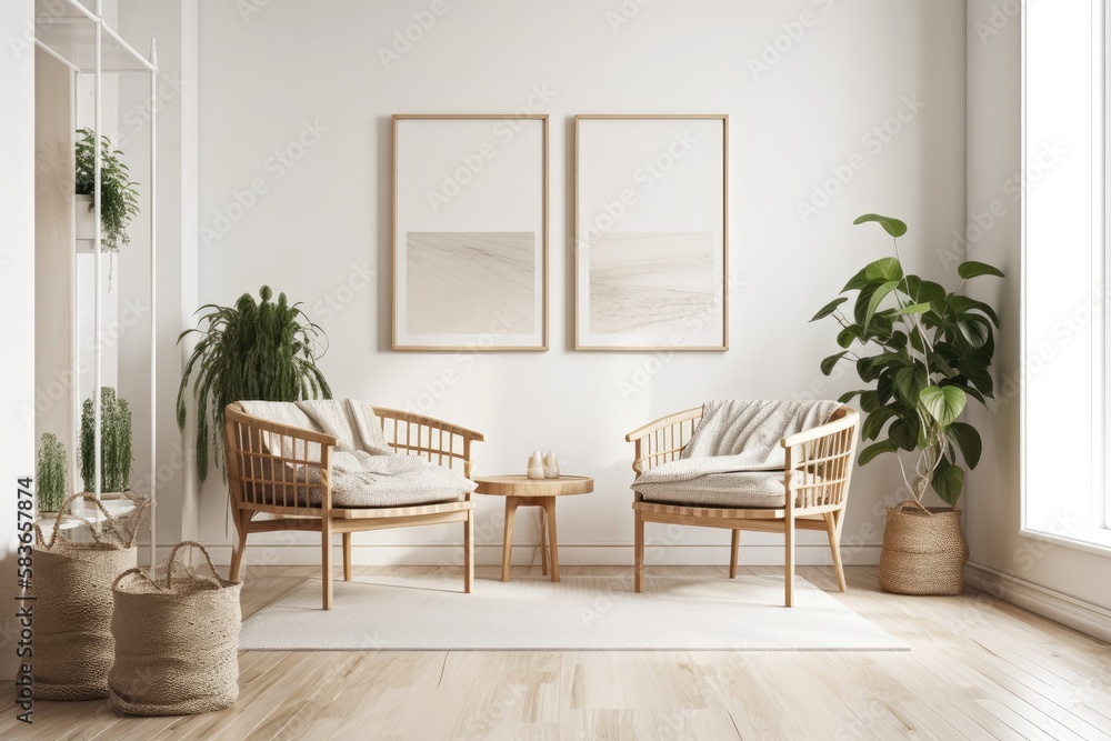 Scandinavian home interior, light room with green plant pots,. Generative AI Scandinavian home interior, light room with green plant pots,. Generative AI