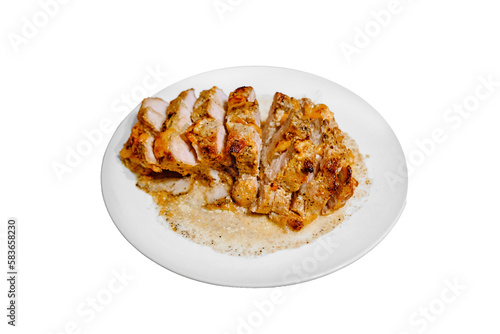 Big plate of meat, isolated on a white background. Sliced beef without bone. A huge piece of baked meat