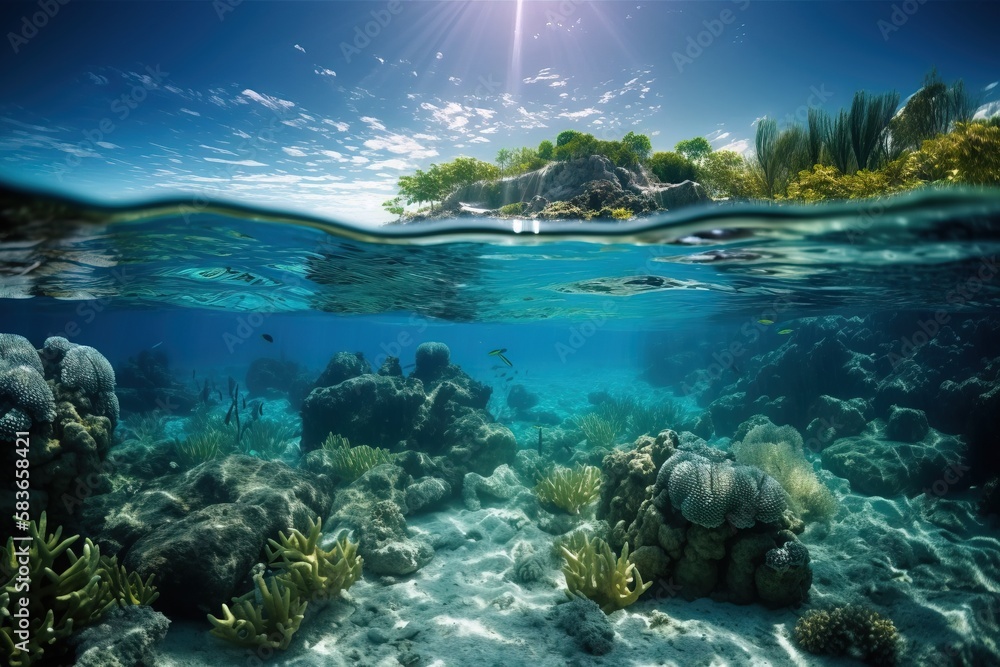 an underwater view of a coral reef with a small island in the distance ...