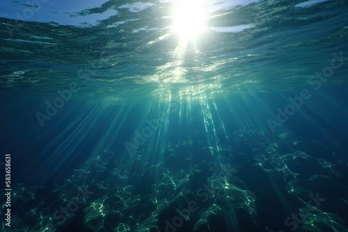  the sun shines brightly through the water's water's surface as it floats over the surface of the ocean floor in the ocean.  generative ai © Oleg