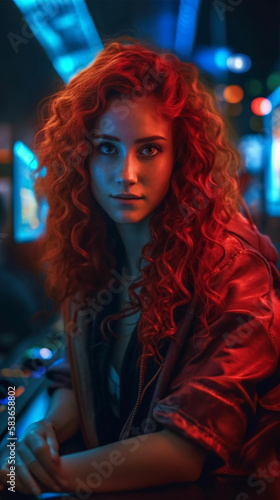 Beautiful redhead girl in pc gaming arena. Ai generated illustration