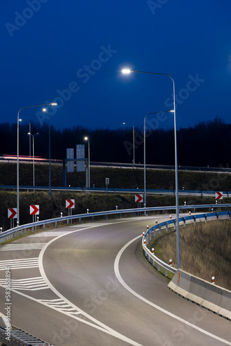 Photography highway crossroad at night with modern street lights