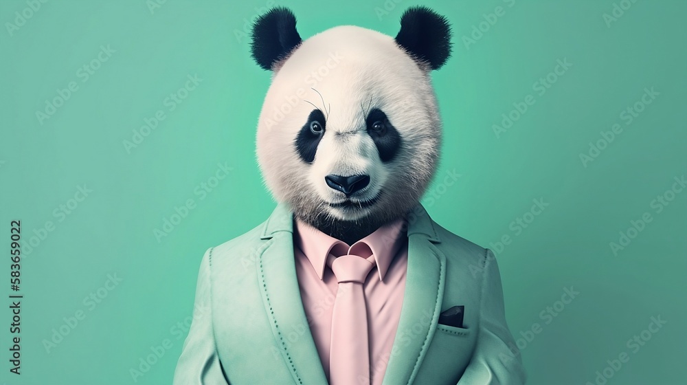 Elegant panda bear with dress suit, panda bear for a special occasion. Panda bea businessman in jacket, shirt, bow tie or tie and hat. Pastel colors and backgrounds. Business animals in suit jackets.
Elegant panda bear with dress suit, panda bear for a special occasion. Panda bea businessman in jacket, shirt, bow tie or tie and hat. Pastel colors and backgrounds. Business animals in suit jackets.