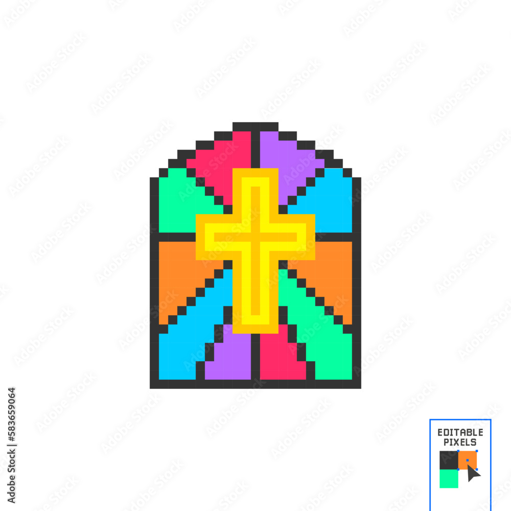 Obraz premium Church stain glass window outline icon. linear style sign for mobile concept and web design. Stained glass with cross simple line vector icon. Symbol, logo illustration. Pixel Art.