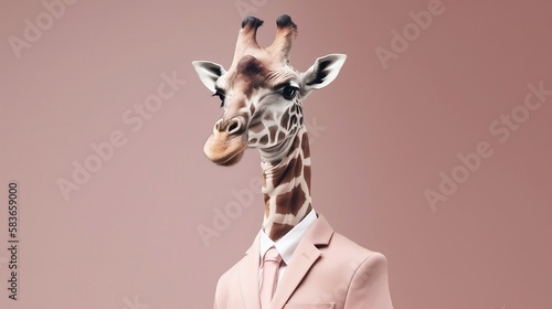 Elegant giraffe with dress suit, giraffe for a special occasion. Giraffe businessman in jacket, shirt, bow tie or tie and hat. Pastel colors and backgrounds. Business animals in suit jackets.  © Moon Project