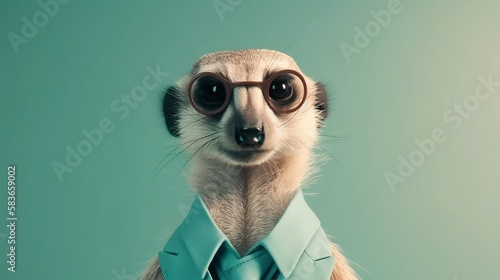 Elegant meerkat with dress suit and gla, meerkat for a special occasion. Meerkat businessman in jacket, shirt, bow tie or tie and hat. Pastel colors and backgrounds. Business animals in suit jackets. 