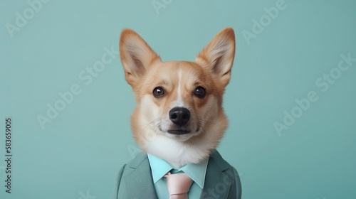 Elegant dog with dress suit, dog for a special occasion. Dog businessman in jacket, shirt, bow tie or tie and hat. Pastel colors and backgrounds. Business animals in suit jackets.  © Moon Project