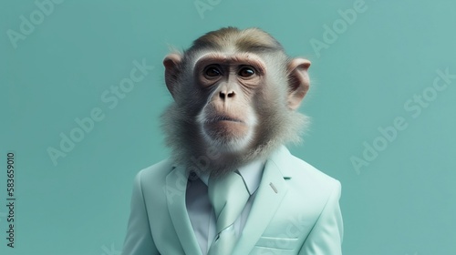 Elegant monkey with dress suit, monkey for a special occasion. Monkey businessman in jacket, shirt, bow tie or tie and hat. Pastel colors and backgrounds. Business animals in suit jackets.
