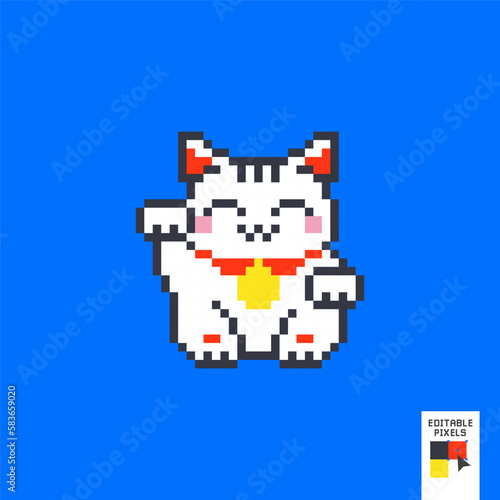 Pixel art asian lucky cat, maneki neko isolated on BLUE background. Pixel lucky cat. Japanese lucky cat character design. 8 bit vector illustration.