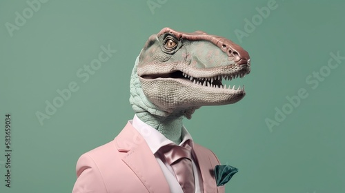 Elegant dinosaur with dress suit, dinosaur for a special occasion. Dinosaur businessman in jacket, shirt, bow tie or tie and hat. Pastel colors and backgrounds. Business animals in suit jackets. 