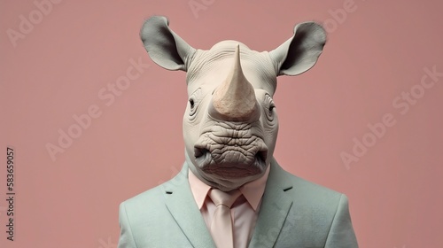 Elegant rhinos with dress suit, rhinos for a special occasion. Rhinos businessman in jacket, shirt, bow tie or tie and hat. Pastel colors and backgrounds. Business animals in suit jackets.  © Moon Project