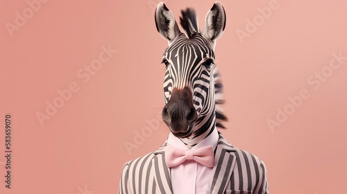 Elegant zebra with dress suit  zebra for a special occasion. Zebra businessman in jacket  shirt  bow tie or tie and hat. Pastel colors and backgrounds. Business animals in suit jackets. 