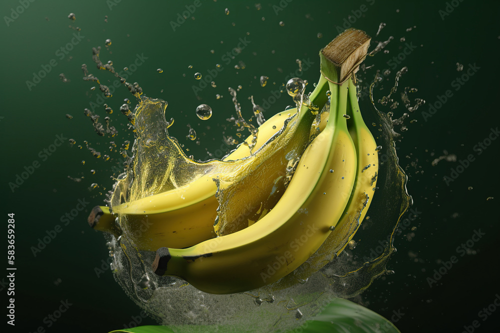 Levitation ripe  bananas with drops of juice water splash, isolated on green background, organic healthy fruit, flying food. AI generative